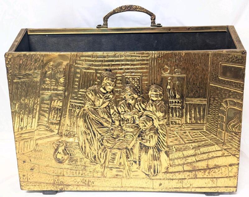 Vintage Lombard-Style Brass Embossed Magazine Rack, 11" Tall