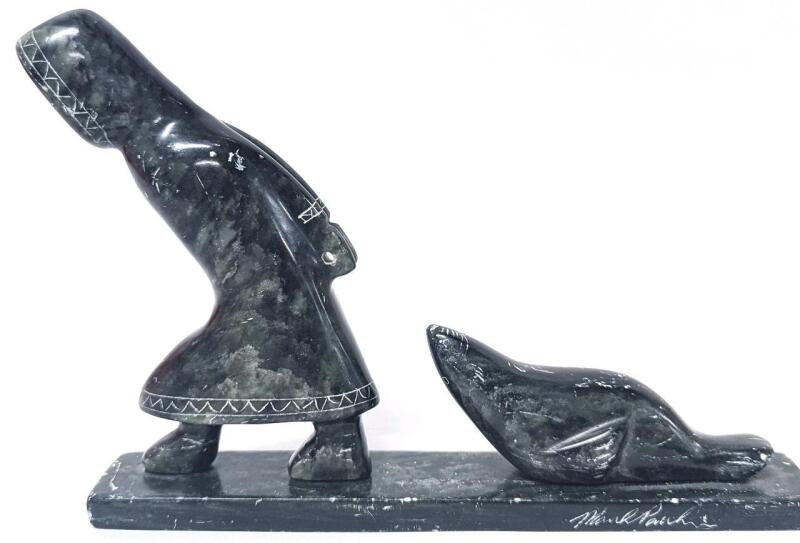 Vintage Signed Mark Pairk Soapstone Carving, Inuit Pulling Seal After The Hunt, 5.5" Tall, Missing Leather Cord