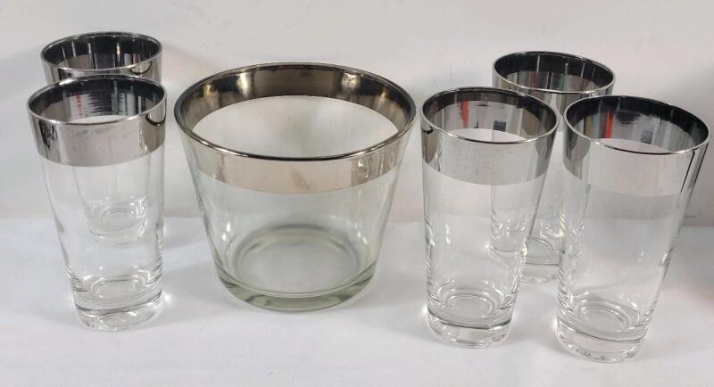 Vintage Silver Rimmed Dorothy Thorpe Ice Bucket & 6 Glasses .