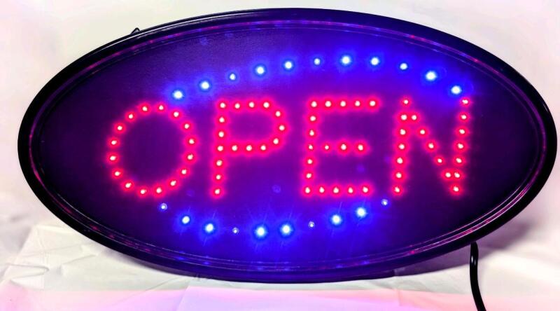 Working Hanging "OPEN" Sign With Blinking Blue Lights, 18.75" Across, Needs Chain to Hang