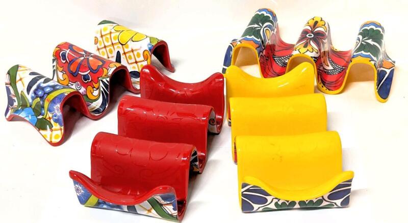 4 PREPARA Colorful Double-Sidee Multiple Taco Holders, 2&times; Red, 2&times; Yellow, Each Holds 3 Tacos, 3.5" &times; 7", These Retail Fir Over $25 EACH When New!