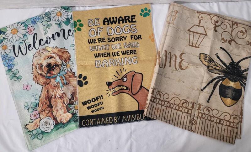 Three (3) New Outdoor Garden Flags . Two (2) measure 12.5"&times;18" & One (1) 53"&times;18"