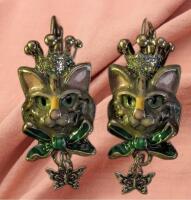Charming Cat Earrings Lever Back Pierced Designer Hand-Painted Enamel, Green & Golden Crown Design approximately 2&rsquo;&rsquo; drop Adorable stock photos added Eyes luminous