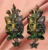 Charming Cat Earrings Lever Back Pierced Designer Hand-Painted Enamel, Green & Golden Crown Design approximately 2&rsquo;&rsquo; drop Adorable stock photos added Eyes luminous