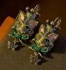 Charming Cat Earrings Lever Back Pierced Designer Hand-Painted Enamel, Green & Golden Crown Design approximately 2&rsquo;&rsquo; drop Adorable stock photos added Eyes luminous - 4