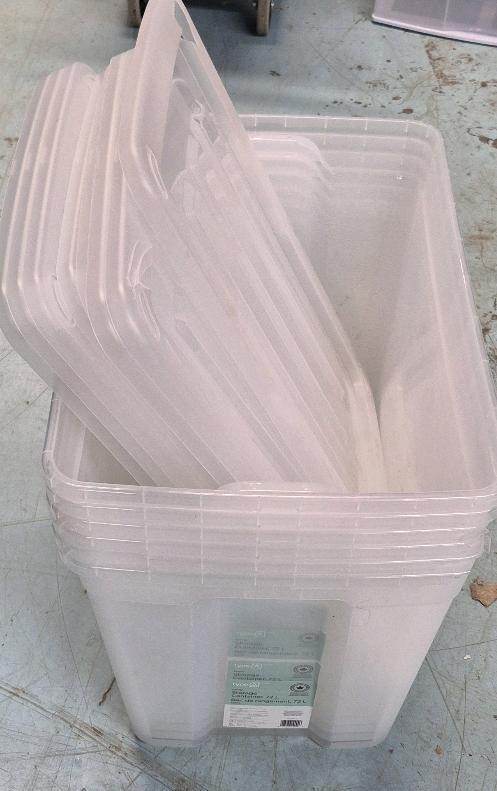 6 As New Type A Clear Storage Totes with Lids Cracks Present 23.75" x 16" x 16" Lot Retail Value $115 New and Complete