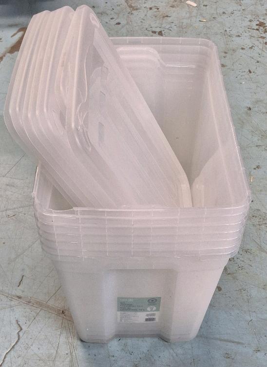 7 As New Type A 72L Clear Storage Totes with Lids Cracks Present 23.75" x 16" x 16" Lot Retail Value $139 New and Complete
