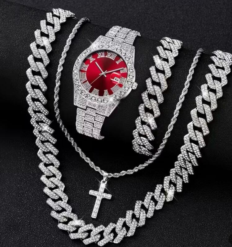 New 4pcs Men's Casual Quartz Watch Set with Alloy Strap, Date Silvery, Alloy Rhinestone Cuban Chain Bracelet Necklace, and Alloy Cross Pendant Necklace stock photo added see description