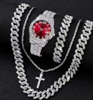 New 4pcs Men's Casual Quartz Watch Set with Alloy Strap, Date Silvery, Alloy Rhinestone Cuban Chain Bracelet Necklace, and Alloy Cross Pendant Necklace stock photo added see description