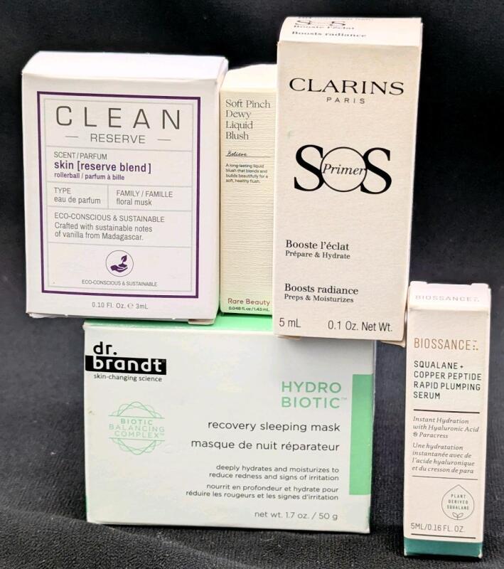 New Skincare & Samples: DR. BRANDT HydroBiotic Recovery Sleeping Mask 50g, Clean Reserve Skin-Scent Eau de Parfum 3ml, Rare Beauty Soft Pinch Dewy Liquid Blush 1.43ml, Clarins SOS Primer 00 Light 5ml, Boissance Squalane Copper Peptide Rapid Plumping Serum