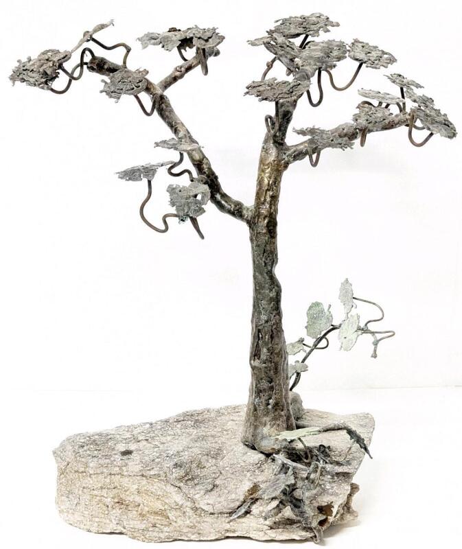 Large Vintage Soldiered Metal Twisted Tree Sculpture Atop Large Sparkling Stone Base, 13" Tall