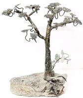 Large Vintage Soldiered Metal Twisted Tree Sculpture Atop Large Sparkling Stone Base, 13" Tall
