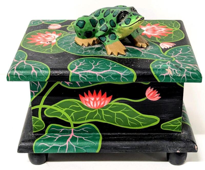 Handpainted Wooden Frog & Lily Pad Jewelry Box, 7.05" &times; 5.5" &times; 6.25" Tall