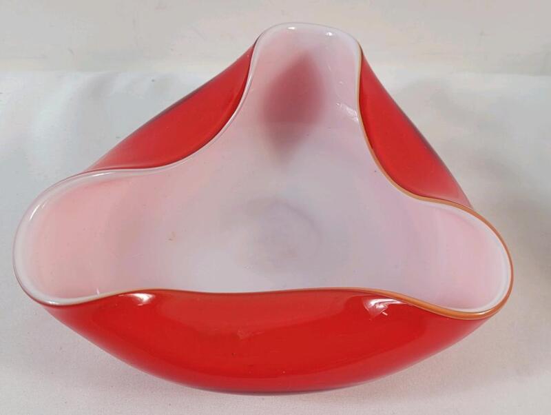 Vintage MCM Japanese Red & White Cased Glass Biomorphic Bowl / Ashtray. Measures 5 &frac34;" diameter