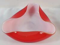 Vintage MCM Japanese Red & White Cased Glass Biomorphic Bowl / Ashtray. Measures 5 &frac34;" diameter