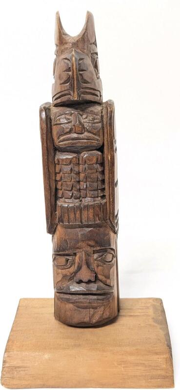 Vintage Signed PAT West Coast Indigenous Hand Carved Wood Man Transformation To Eagle Totem 10.75"
