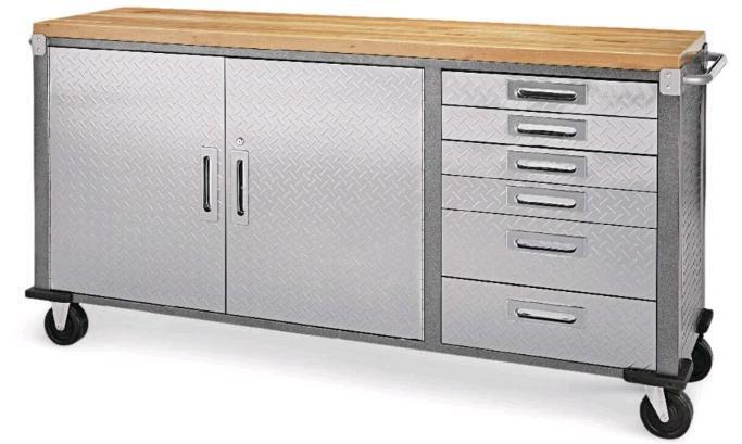 As New in Box Mastercraft Diamond Series 2-Door, 6-Drawer Wooden Top Work Station with Wheels, [See Desc], Retail's for $829.99
