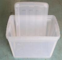 Two (2) New Type A 72L Clear Storage Tote w/Lids . Retail $24