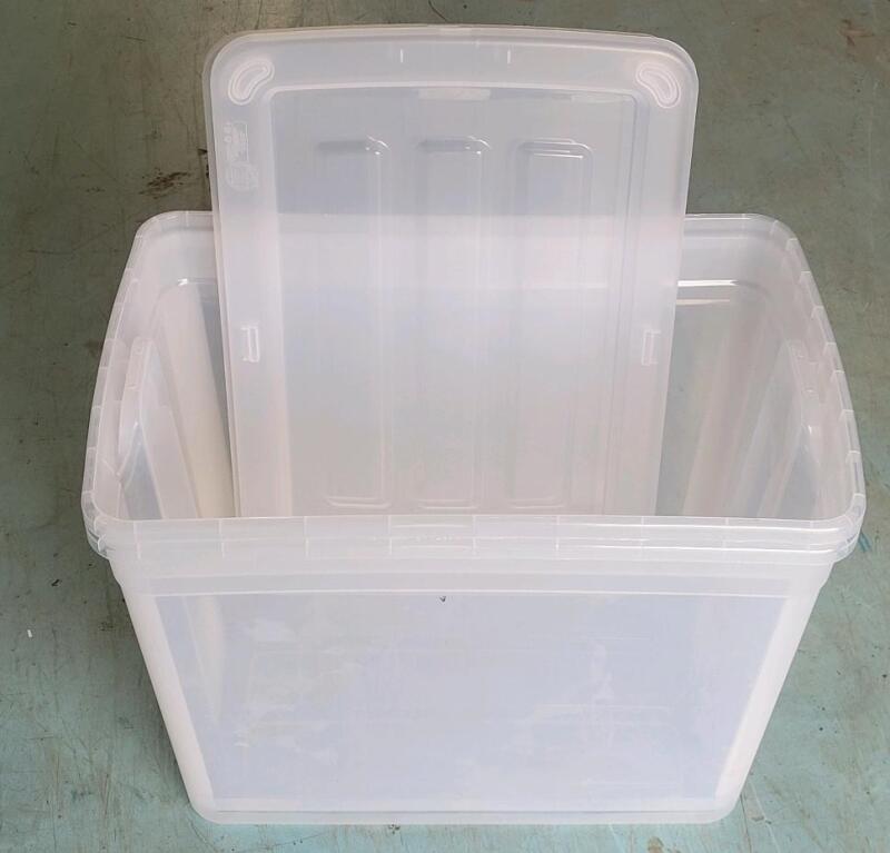 Two (2) New Type A 72L Clear Storage Tote w/Lids . Retail $24