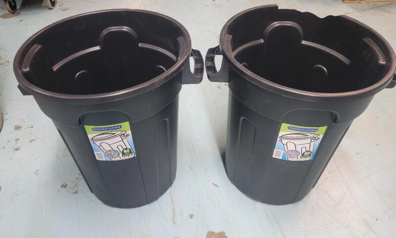 Two (2) Gracious Living 80L Plastic Circular Garbage Can, Black . No Lids . One is missing Handle & One has on side . Retail New $20 each