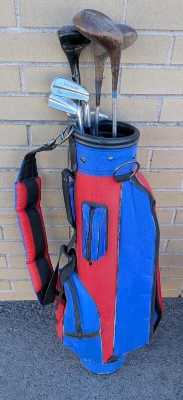 Golf Bag With 6 Assorted Clubs. 3w Measures 34" Tall. Clubs are Right handed.