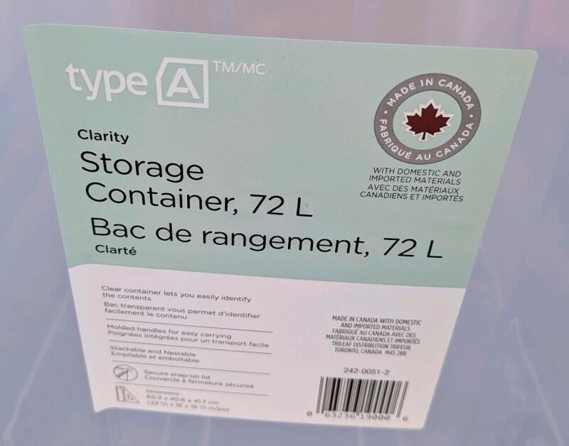 5 New Type A Clear Storage Tote, 72-L. Retails for 18.89 each (94.45 total all in original condotion.) 16" x 16" by 23.5".