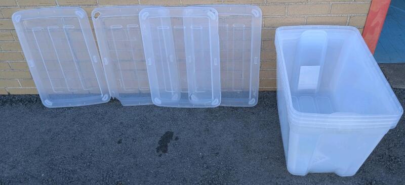 4 New Type A Clear Storage Tote, 72-L. (Three lids have Cracks or holes) Retails for 18.89 each with Lid. (75.76 total if all lids present.) 16" x 16" by 23.5".