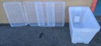4 New Type A Clear Storage Tote, 72-L. (Three lids have Cracks or holes) Retails for 18.89 each with Lid. (75.76 total if all lids present.) 16" x 16" by 23.5".