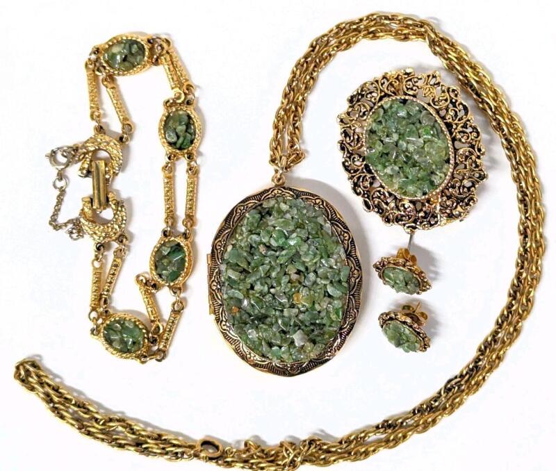 Vintage Crushed Jade Chip Jewelry: Large Oval Pendant Locket on 22" Chain, Oval Filigree Brooch, Pair of Pierced Earrings, Bracelet