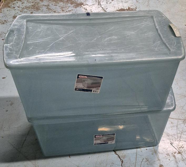 2 Large Sterilite Storage Totes 32.15" x 19.15" x 13.75" One Handle Clip Missing