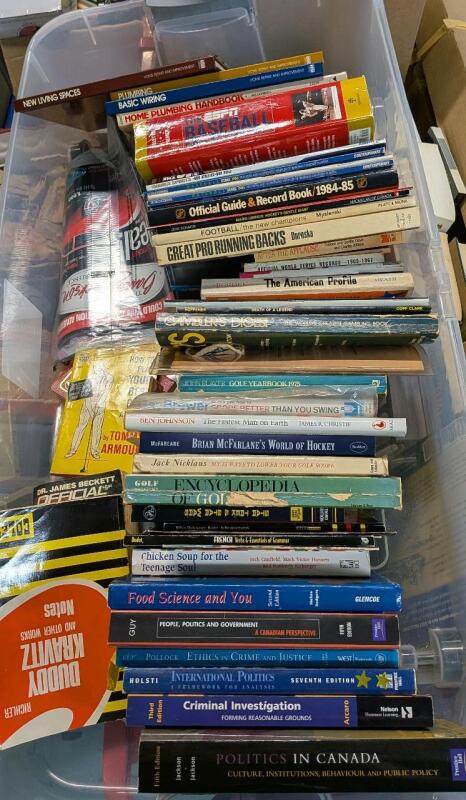 30+ Assorted Books/Magazines Assorted Genre. With Bin Measuring 37.5" Wide
