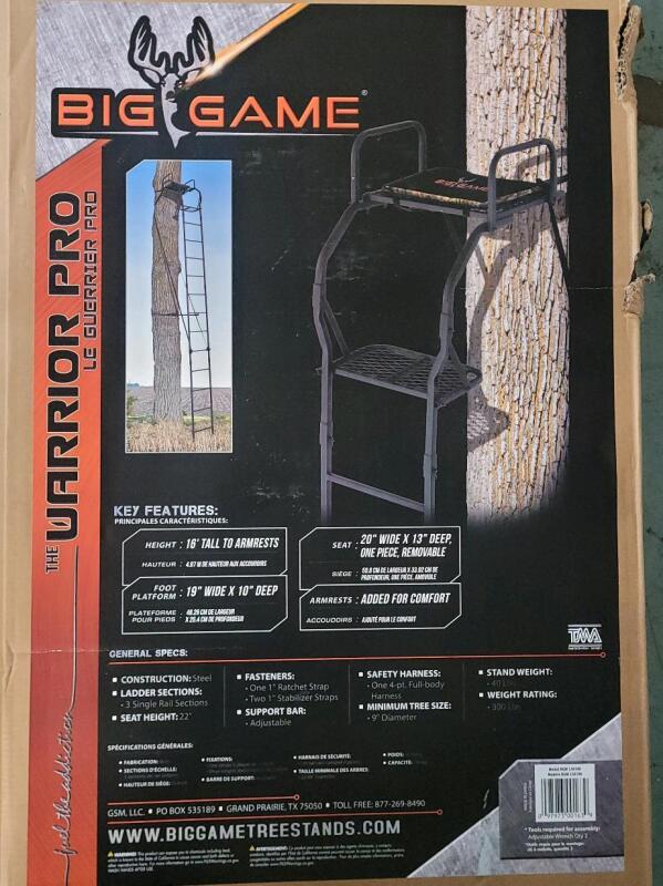 As New - Big Game Warrior Pro Single 1-Person 16ft. Ladder Tree Stand w/Seat & Armrests For Hunting . Retail $180 . No Box , Complete