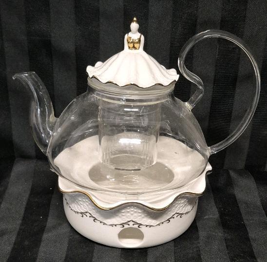 Blooming Tea Pot Set, Luxury British Design with Relief Decor & Gold Trims, Hand-Crafted Clear Teapot with Warmer, 40oz Glass Teapot with Infuser, Stove-Safe