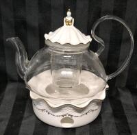 Blooming Tea Pot Set, Luxury British Design with Relief Decor & Gold Trims, Hand-Crafted Clear Teapot with Warmer, 40oz Glass Teapot with Infuser, Stove-Safe
