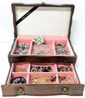 Assorted Vintage to Modern Jewelry in Wooden Royal Princess Jewelry Box 12" &times; 7.25" &times; 4.25" Tall