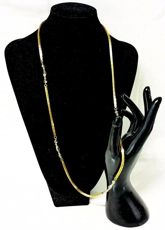 Gorgeous Vintage Signed SHERMAN Brick Link Necklace With Faceted Glass Beads, 29" Long