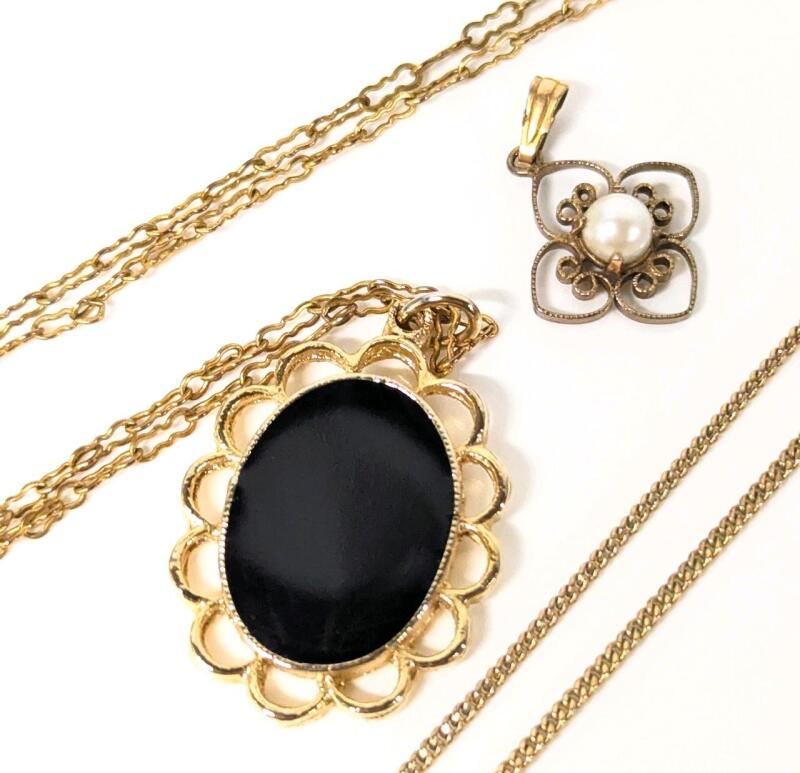 Vintage 1/20 GF 12K Gold Filled Jewelry: Pendant on 18" Chain, 16"Chain & Pearl Pendant 0.75"
