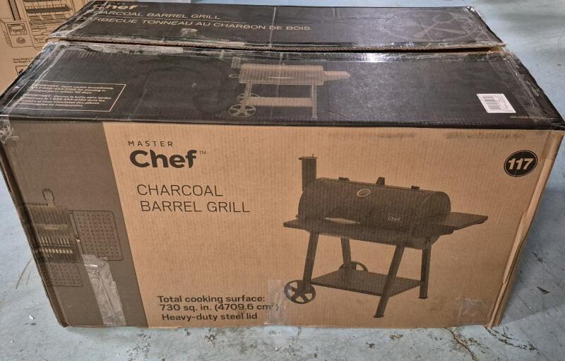 Master Chef Charcoal Barrel Grill BBQ, with Quick Access Charcoal Drawer . Retails $299 . Main barrel used once , All accessories as new never assembled . See Description