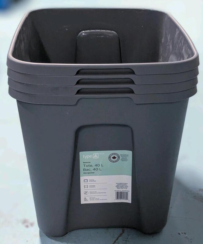 4 New TYPE A Restore Stackable Nesting Storage Boxes, 40-L, Grey, Retail Value $32 With Lids (Lids Not Included In Lot)