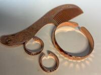 Hammered Copper Cuff / Two Copper Open Cuff Rings with Magnets Etched Copper Comb sizes in description