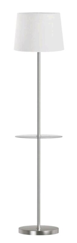 New CANVAS Tapered White Linen Shade Furniture Floor Lamp with Glass Table Top, 60-in, Brushed Nickel. Retails for $100