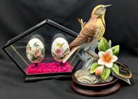 Vintage Andrea by Sadek " Meadowlark " Porcelain Figure on Wood Stand & Pair of Handpainted Real Chicken Eggs In Glass Enclosure, Meadowlark x Tall, Flower Missing Part of Its Stamen