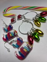 Festive Hoop Light Bulb Earrings Stainless SteelPosts/ Rhinestone Santa Hats Stud Earrings/ Book Shelf Cat Acrylic Dangle Earrings sizes in description