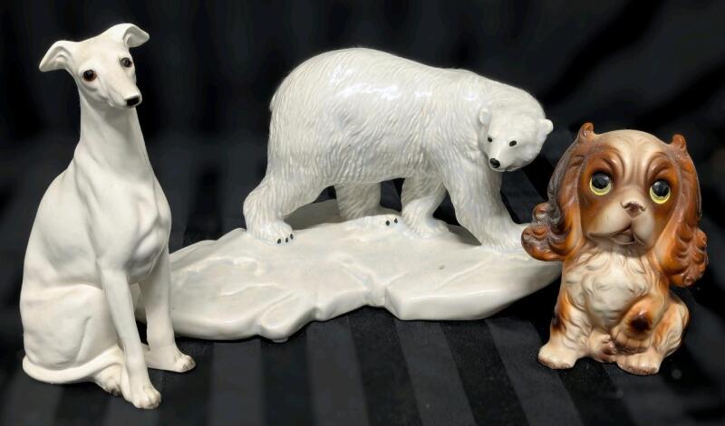 3pcs Vintage Porcelain Figures : Large Atlantic Molds Bisque Handpainted Polar Bear, 7.75" Tall Greyhound Made in Japan, 5.25" Cocker Spaniel Made in Japan With Crack in Ear, Crack in Bear Base , Writing On Bottoms