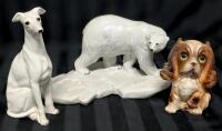 3pcs Vintage Porcelain Figures : Large Atlantic Molds Bisque Handpainted Polar Bear, 7.75" Tall Greyhound Made in Japan, 5.25" Cocker Spaniel Made in Japan With Crack in Ear, Crack in Bear Base , Writing On Bottoms