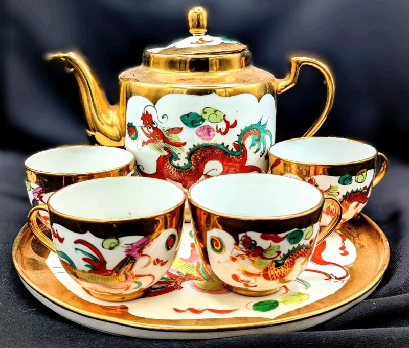 Stunning Vintage Chinese Porcelain Dragon & Phoenix Tea Set : 9.8" Diam Tray, Teapot & 4 Cups, No Chips or Cracks, Writing On Bottom Of Tray
