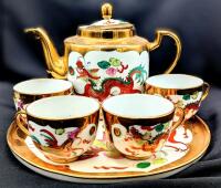 Stunning Vintage Chinese Porcelain Dragon & Phoenix Tea Set : 9.8" Diam Tray, Teapot & 4 Cups, No Chips or Cracks, Writing On Bottom Of Tray