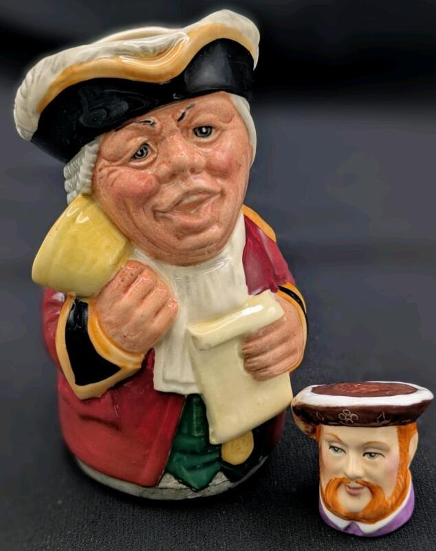 Vintage 1983 ROYAL DOULTON The Doultainville " Mr. Tonsil, The Town Crier " Mini Toby Jug 4.2" & FRANCESCA King Henry VIII Porcelain Thimble, From Their Tudor Collection, No Chips or Cracks