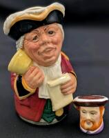Vintage 1983 ROYAL DOULTON The Doultainville " Mr. Tonsil, The Town Crier " Mini Toby Jug 4.2" & FRANCESCA King Henry VIII Porcelain Thimble, From Their Tudor Collection, No Chips or Cracks