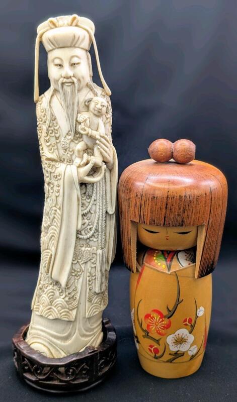 Signed Vintage 7" Wood Japanese KOKESHI Doll "Nikko, The Reyes, 1978" & 9.75" Tall Resin Chinese Scholar With Child Statue On Wooden Base